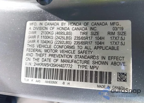 2019 Honda Cr-V Lx from USA, damaged, VIN 2HKRW5H35KH407772